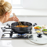 chef cooking in deep nonstick karahi/wok. best quality nonstick karahi