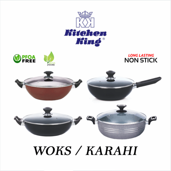 Nonstick wok karahi ideal for everyday cooking. Durable nonstick surface give perfect release and even heat. Available in multiple sizes.