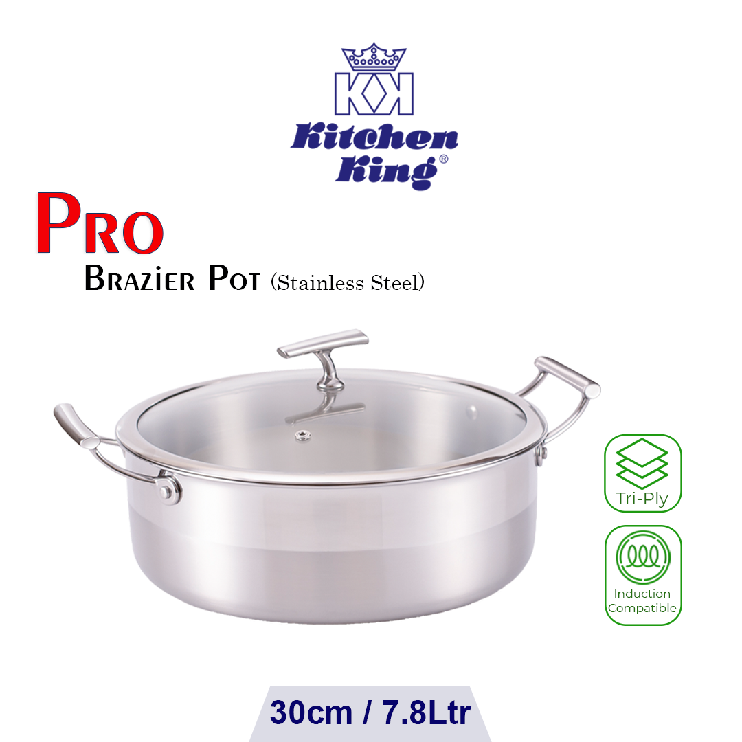 Kitchen King Pots – Tri-Ply Stainless Steel with dual handles, tempered glass lid, induction-compatible base – Pakistan