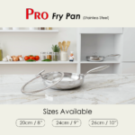 Pro Fry Pan in stainless steel with glass lid displayed on a marble countertop in a modern kitchen, with a second pan visible on a shelf in the background, and three available sizes listed: 20cm / 8 inch, 24cm / 9 inch, and 26cm / 10 inch