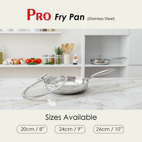 Pro Fry Pan in stainless steel with glass lid displayed on a marble countertop in a modern kitchen, with a second pan visible on a shelf in the background, and three available sizes listed: 20cm / 8 inch, 24cm / 9 inch, and 26cm / 10 inch