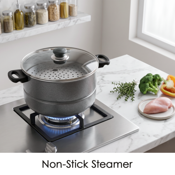 High quality steamer cooking pots in Pakistan. It comes with steaming plate inside, very easy to remove. This nonstick steamer is very easy to clean