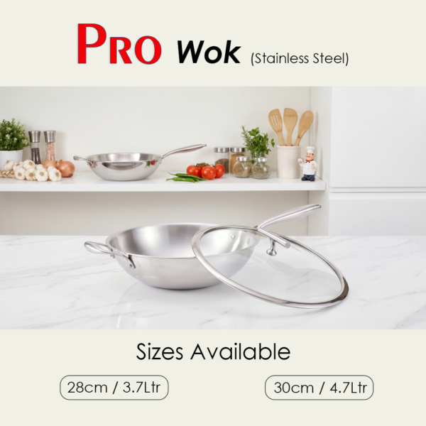 PRO Wok in stainless steel with glass lid displayed on a marble countertop in a modern kitchen, with a second wok visible on a shelf alongside fresh vegetables and herbs, and two available sizes listed: 28cm / 3.7 Ltr and 30cm / 4.7 Ltr